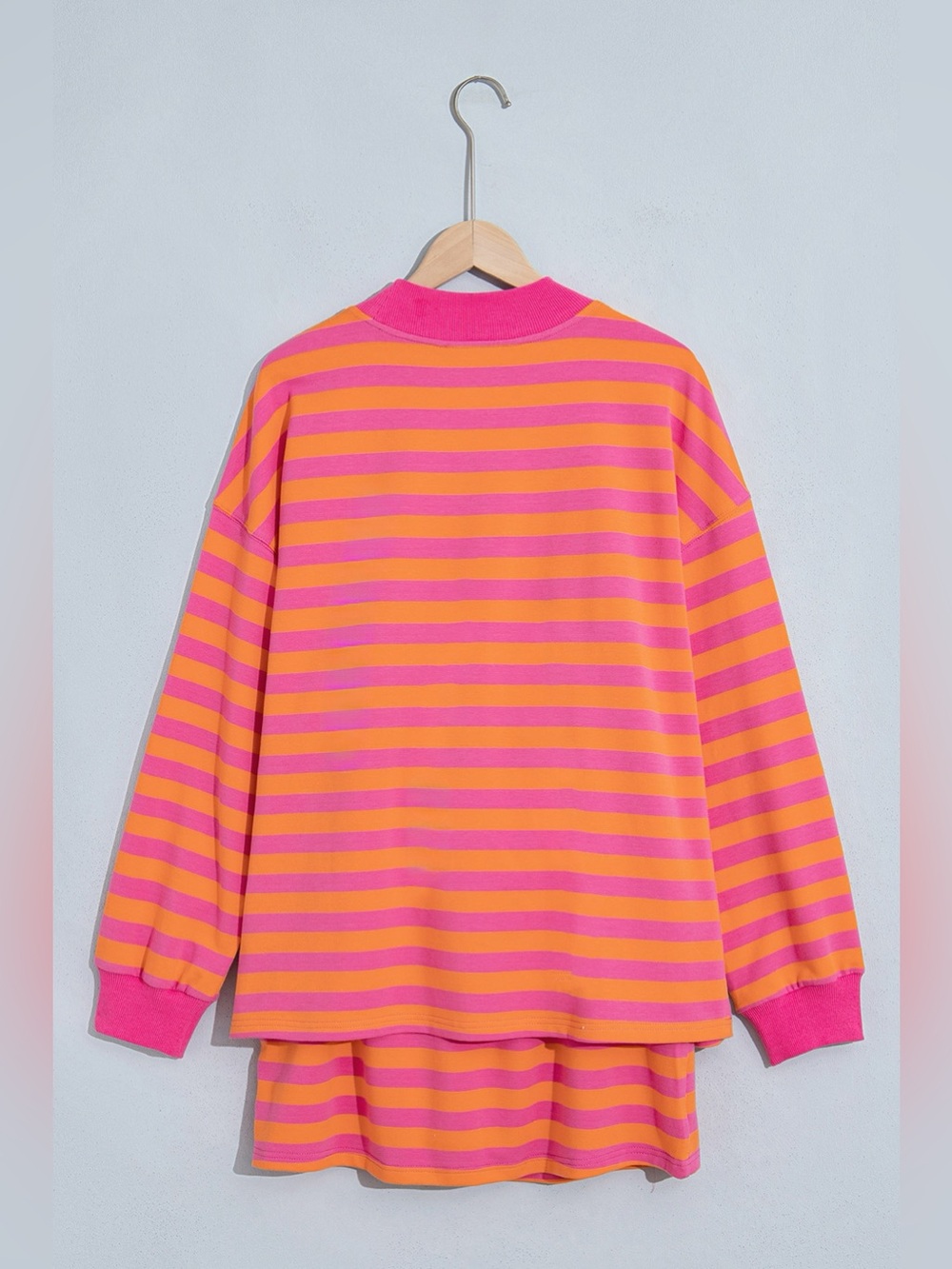 Stripe Color Block Patchwork Mock Neck Pullover Drawstring Mini Skort Set - Picture 4 of 11